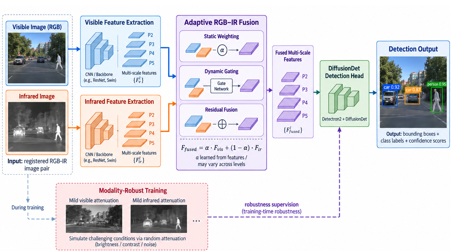 RGB and infrared streams, adaptive fusion options, DiffusionDet head, and detection outputs