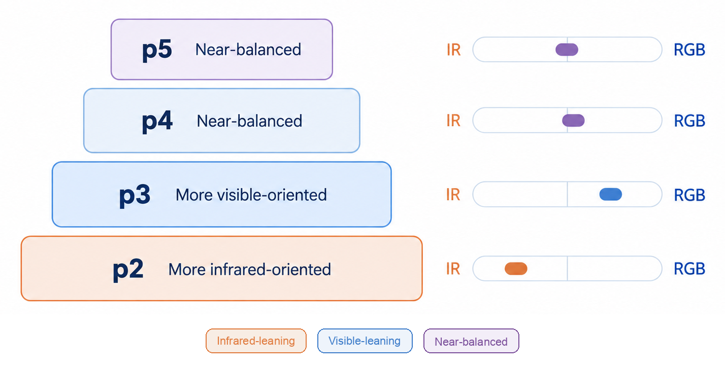 Feature-pyramid diagram showing infrared-leaning p2, visible-leaning p3, and more balanced p4 and p5